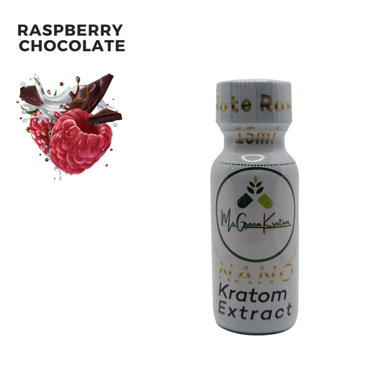 Kratom Extract Shots, front side, chocolate raspberry.